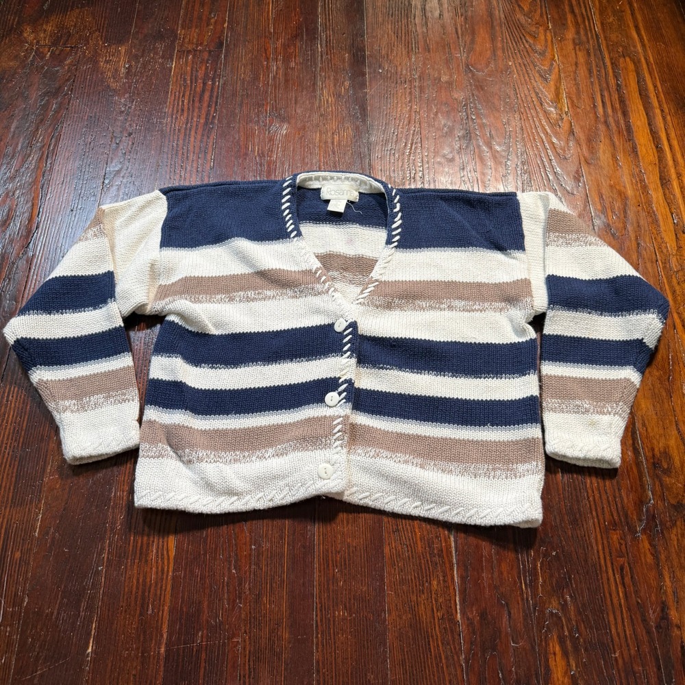 Vintage 90s Rosanna Cardigan Womens L Navy Striped Whipstitch Knit Hong Kong